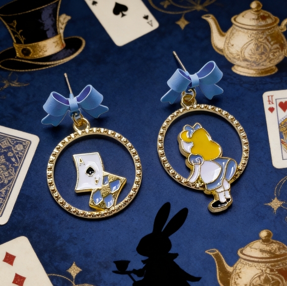 Jewelry - Alice in Wonderland Drop Earrings Whimsical Blue Bow Dangles